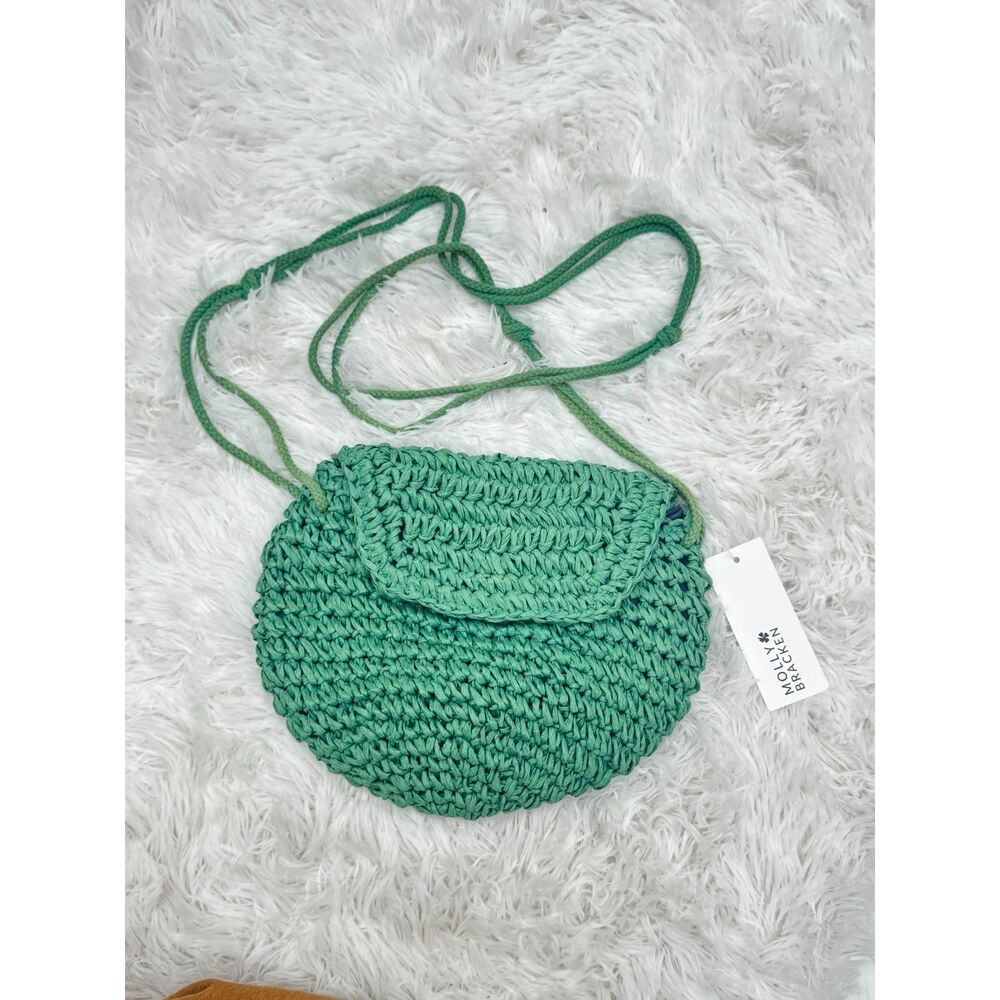 Molly Bracken NWT Green Crochet Raffia Crossbody Bag Round Boho